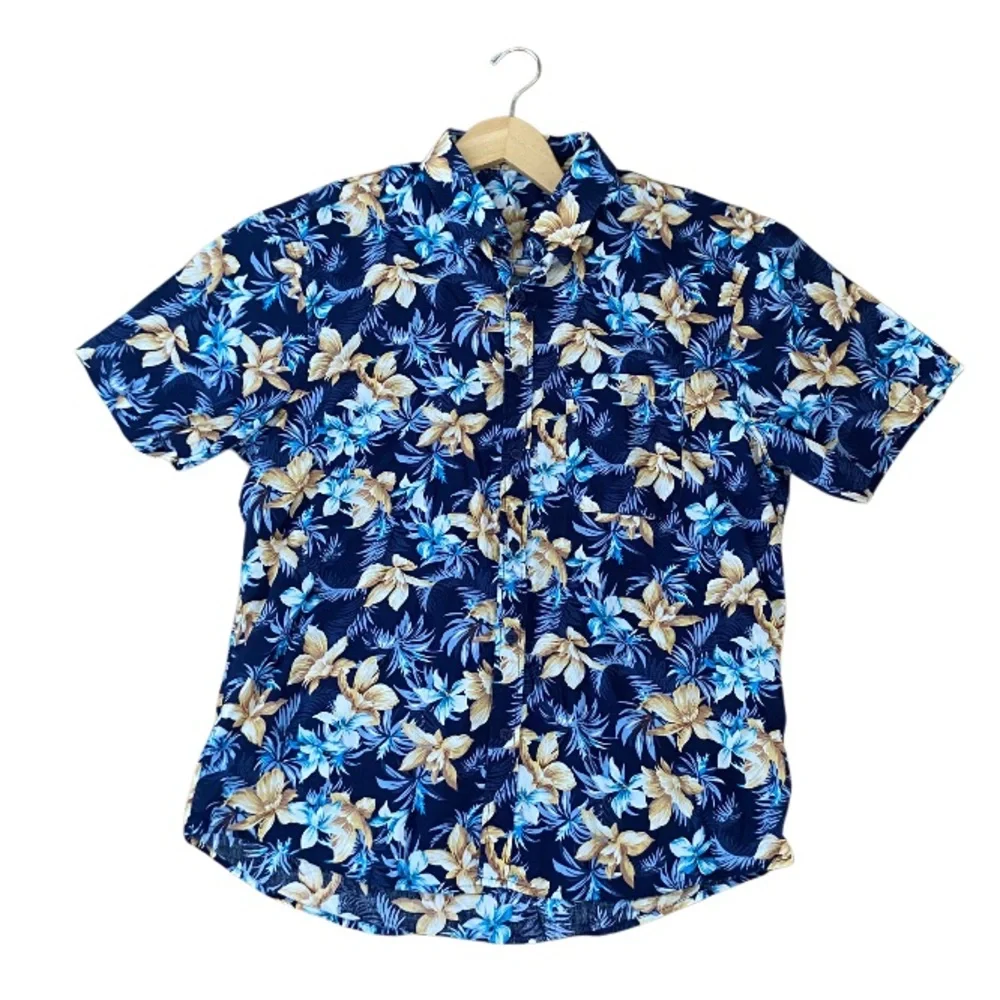 HISDERN Navy Blue Floral Hawaiian Short-Sleeve 100% Cotton Men’s Shirt Size L
